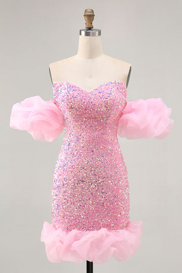 Sparkly Off The Shoulder Pink Sequins Tight Homecoming Dress